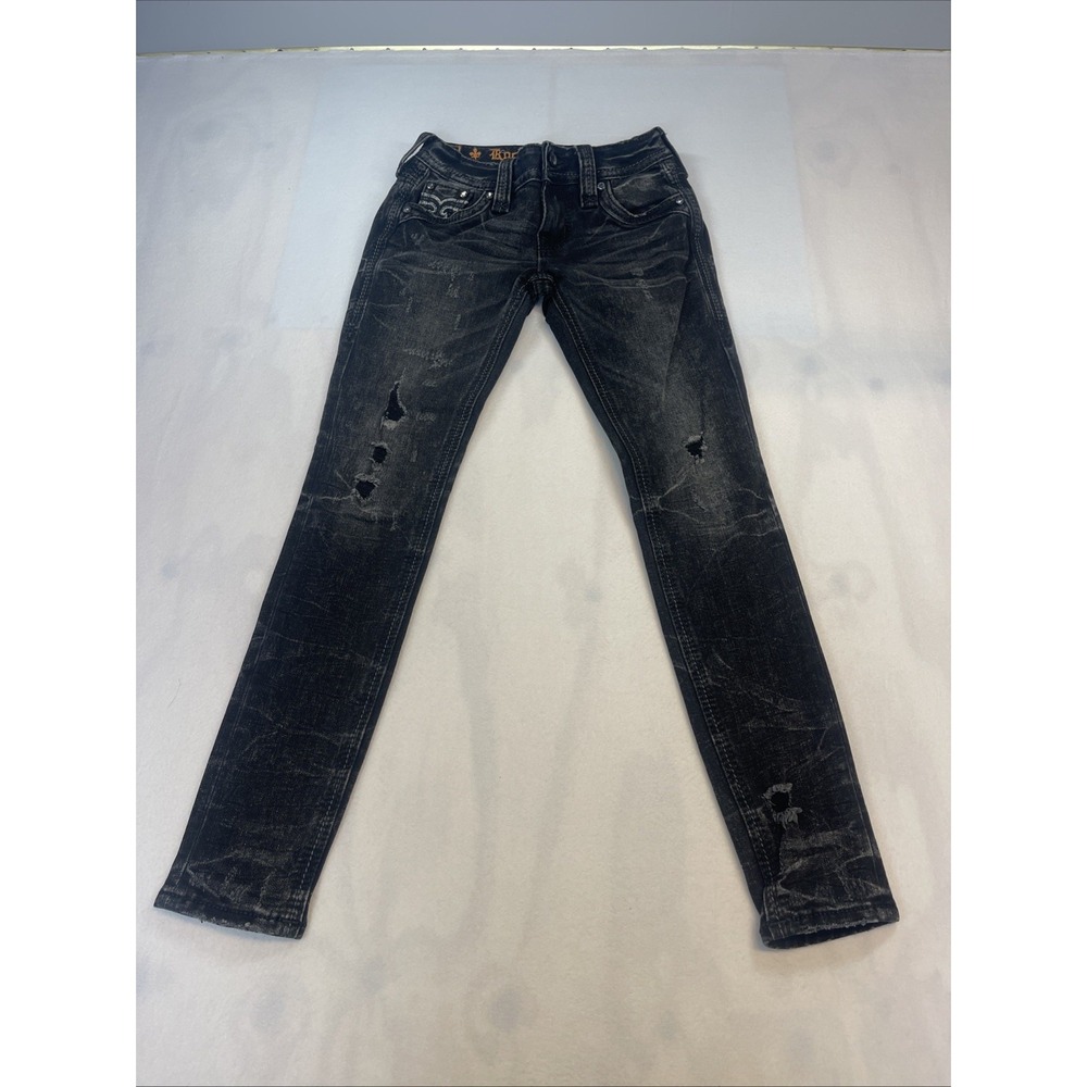 Rock Revival Jeans Womens Celina Size 24 Black Distressed with Bling Buttons